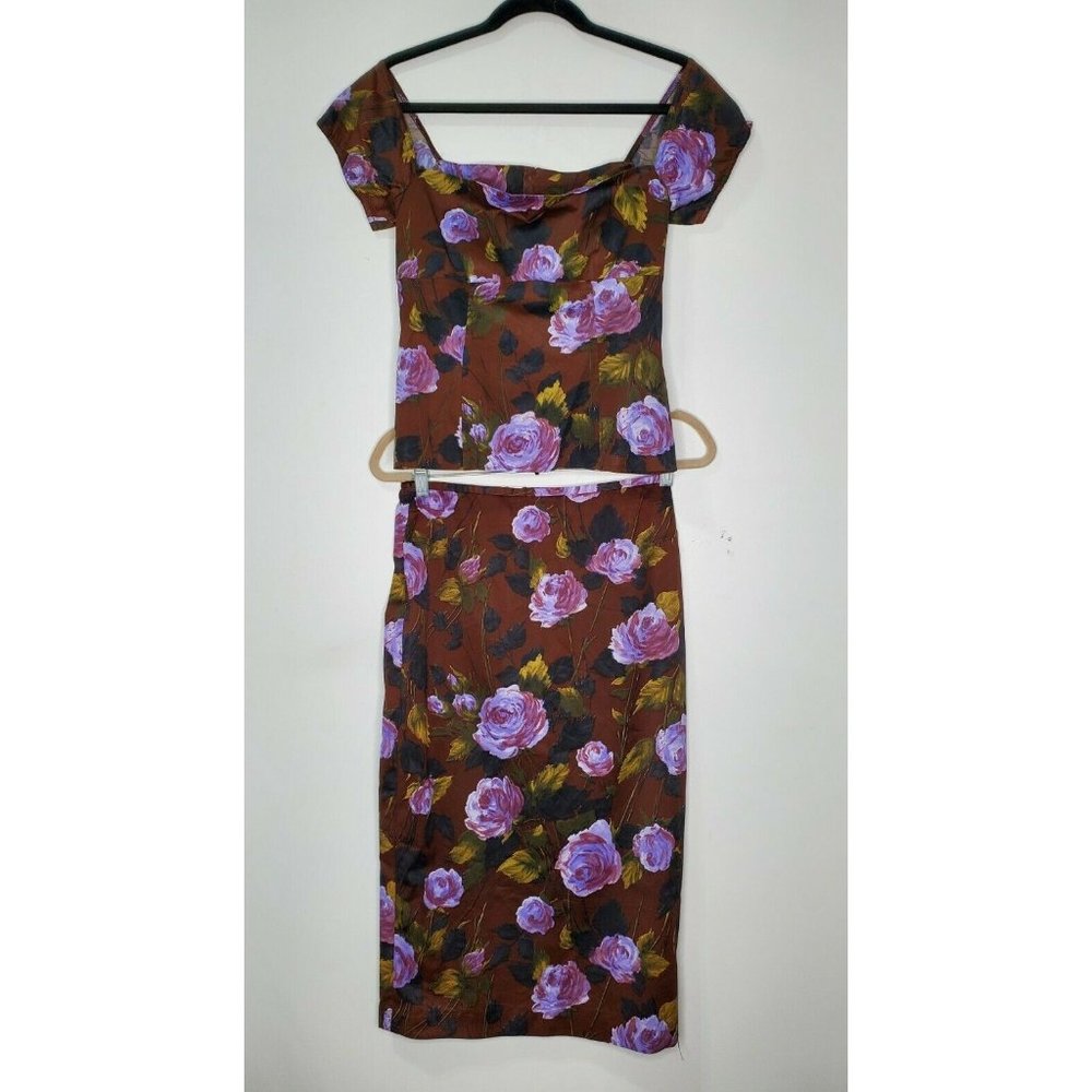 Karen Millen 14/12 2 Piece Skirt Set Purple Floral Baby Doll Top Pencil Skirt